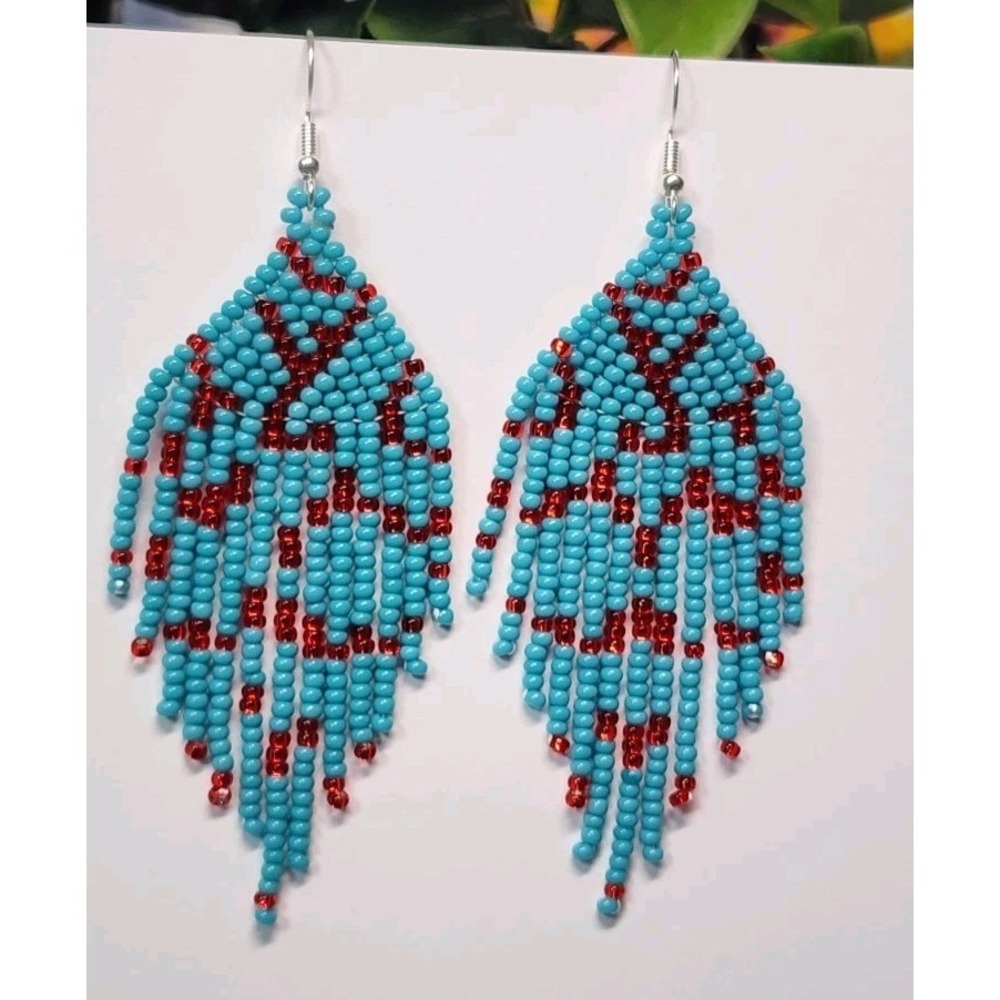 Handmade Native American Style Beaded Fringe Earrings - Turquoise & Red Boho